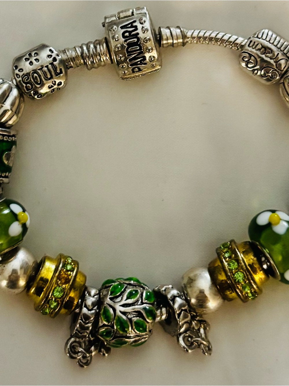 Pandora Green Enamel & Silver Charm Bracelet with Gold Accents